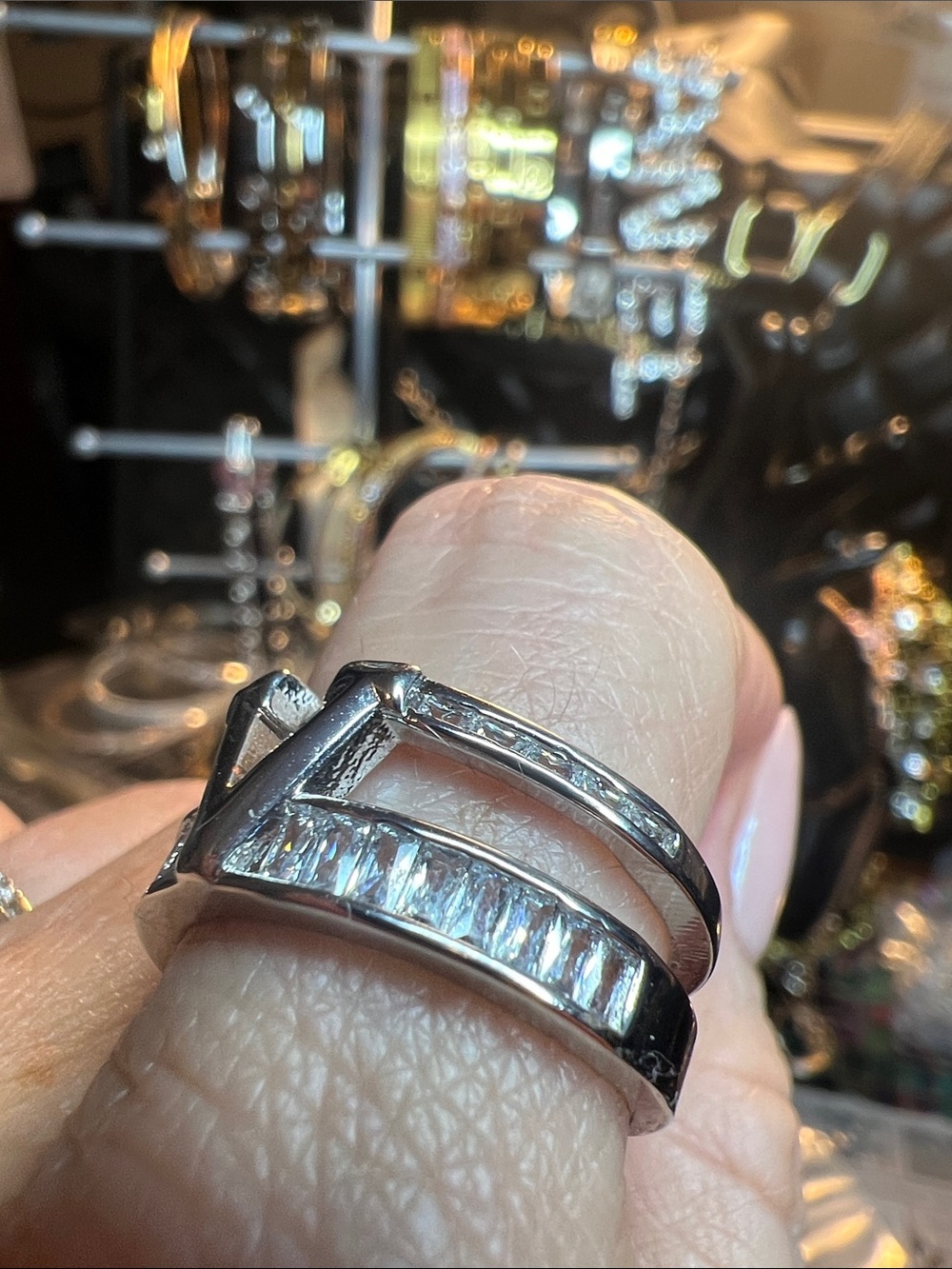 Silver-Tone Baguette Crystal Open Band Ring/Fashion Inspired/Upcycled-Size 7+